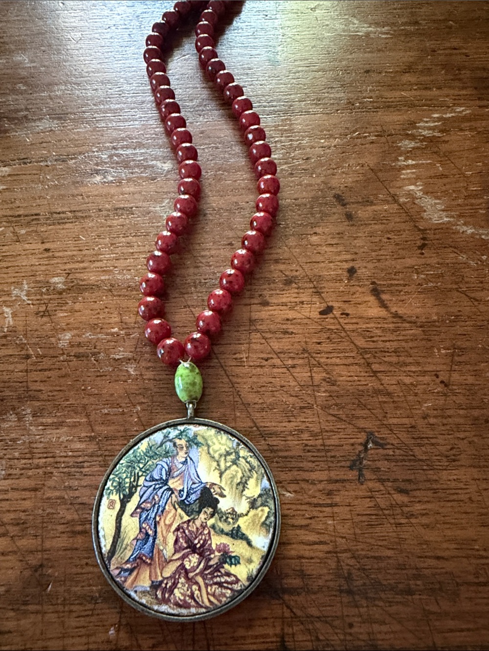 Red Beaded enameled Necklace
